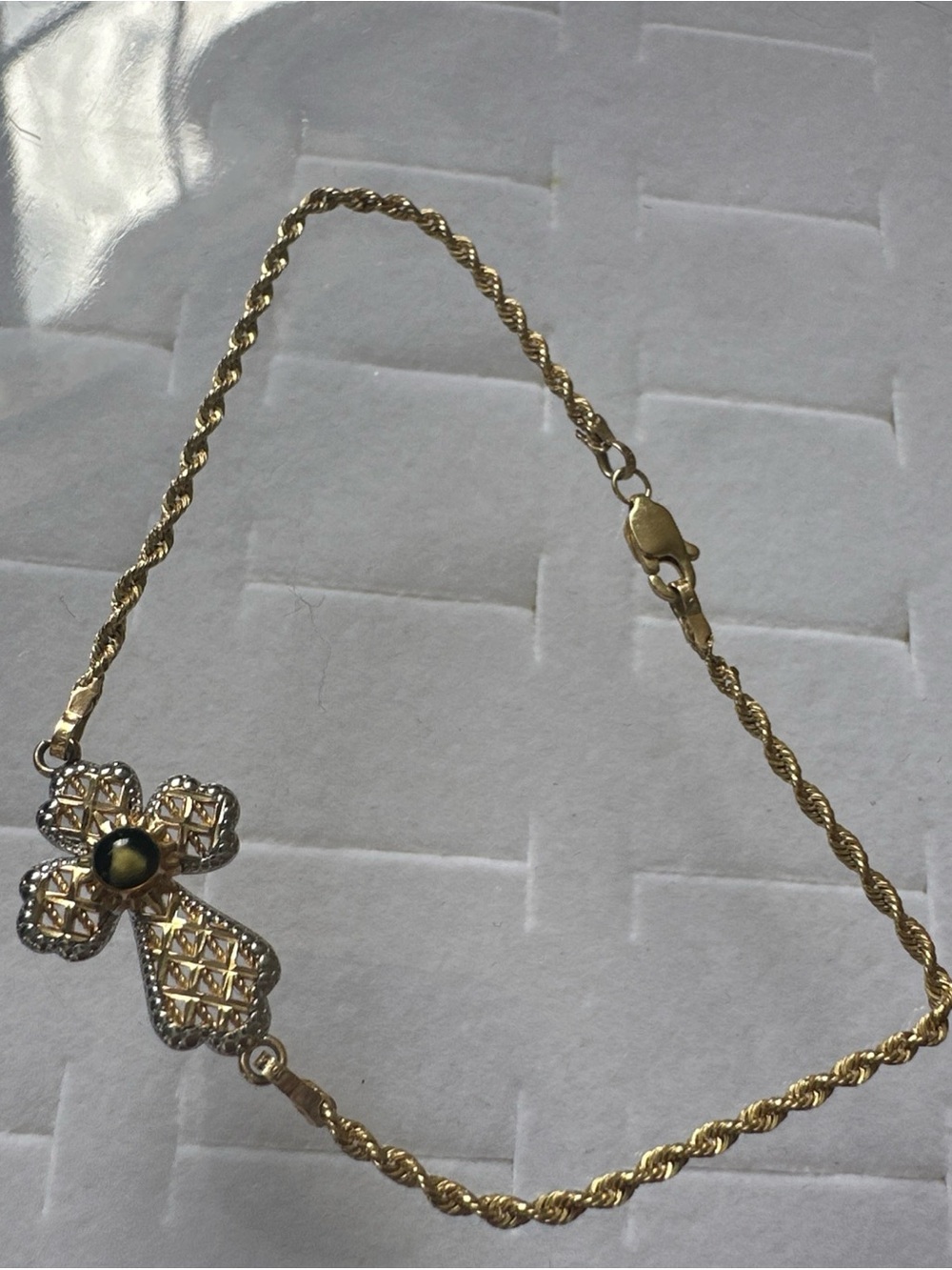Vintage 10k Yellow Gold Rope Bracelet With Cross & Cabochon Accent